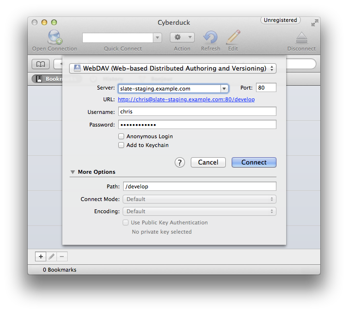 Screenshot showing Cyberduck connection settings
